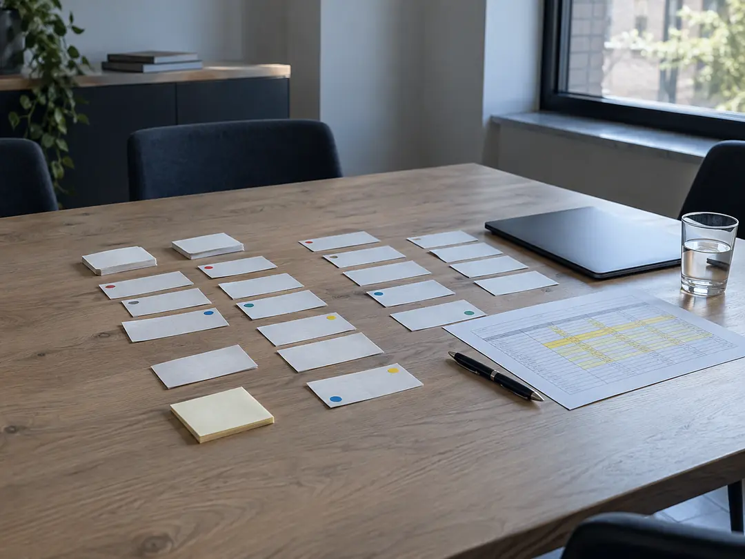 Meeting table with rows of blank cards with coloured dots, an overview sheet and a closed laptop