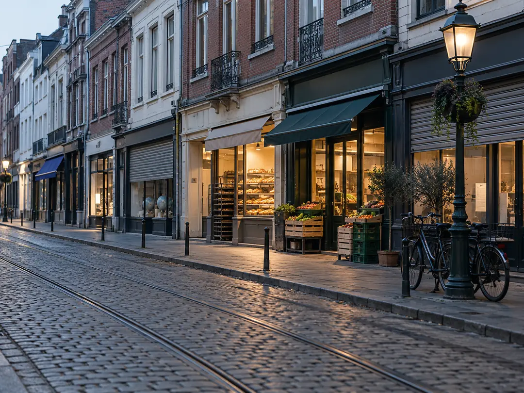 Shopping street with old facades in the morning light