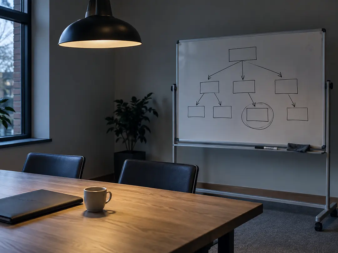Whiteboard in een vergaderzaal met een oorzakenboom waarin één oorzaak omcirkeld is