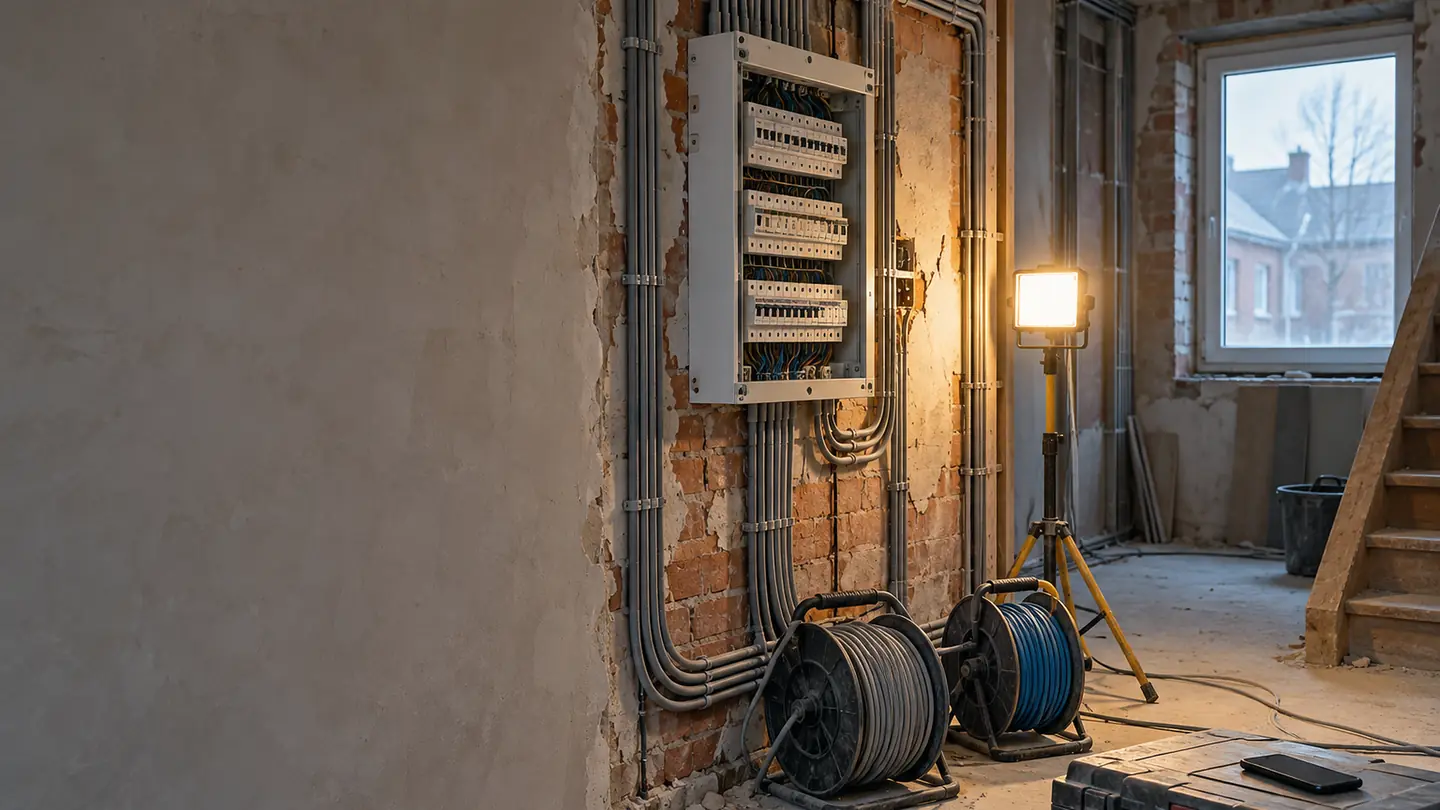 Nieuwe verdeelkast op een renovatiewerf, met kabelhaspels en een werklamp