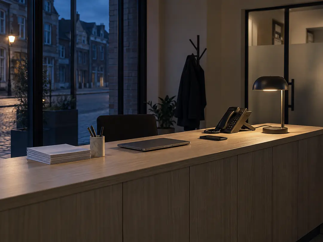 Onthaalbalie van een kantoor na sluitingstijd, met een bureaulamp, een telefoon en een gesloten laptop