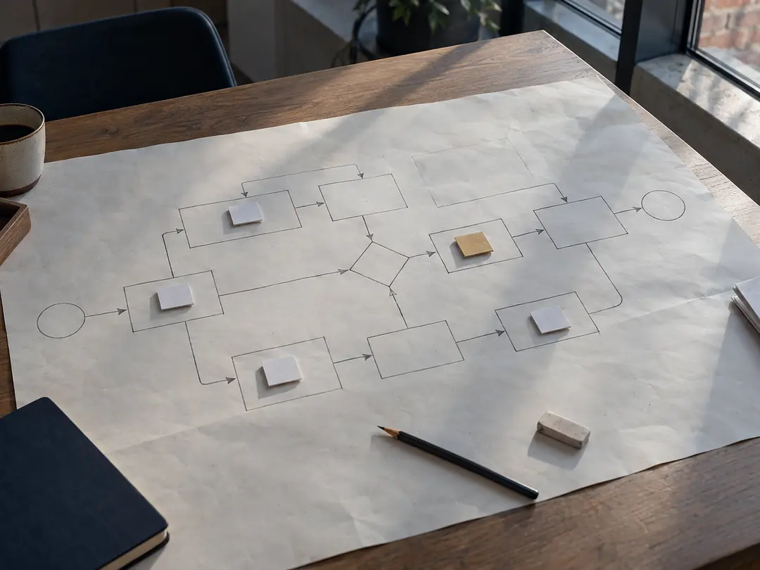 Processchema op papier met blanco memokaartjes, een potlood en koffie op een houten tafel