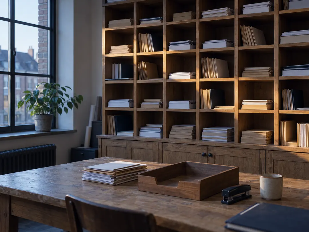Houten kast met vakken vol dossiers en een lege brievenbak op de werktafel