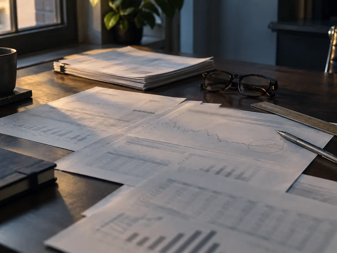 Reports with charts and tables on a desk, with reading glasses and a pen