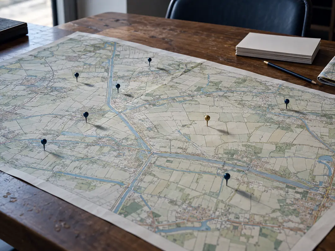 Map on a worktable with blue pins and one gold pin