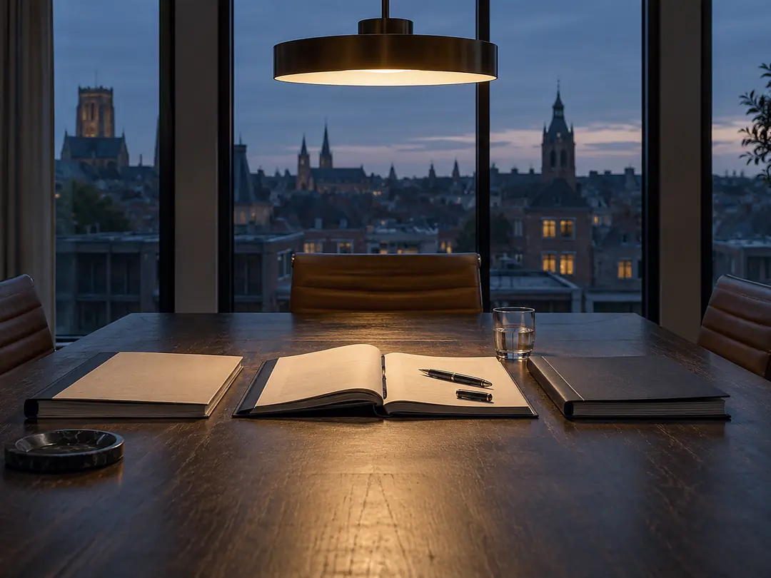 Vergadertafel met drie dossiers naast elkaar onder een hanglamp, bij valavond