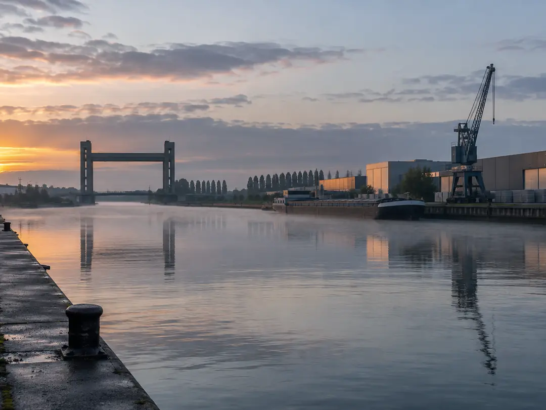 Kanaal met kaaien en bedrijfsgebouwen in de vroege ochtend
