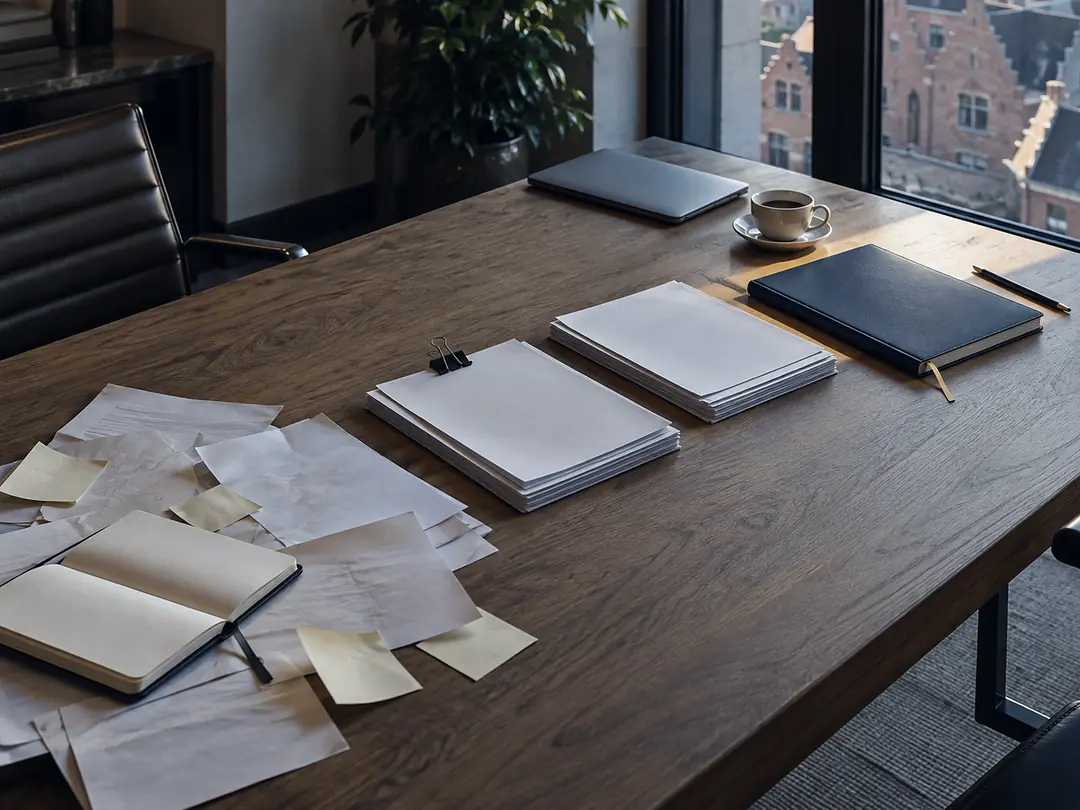 Worktable where loose notes turn into sorted piles and one bound report