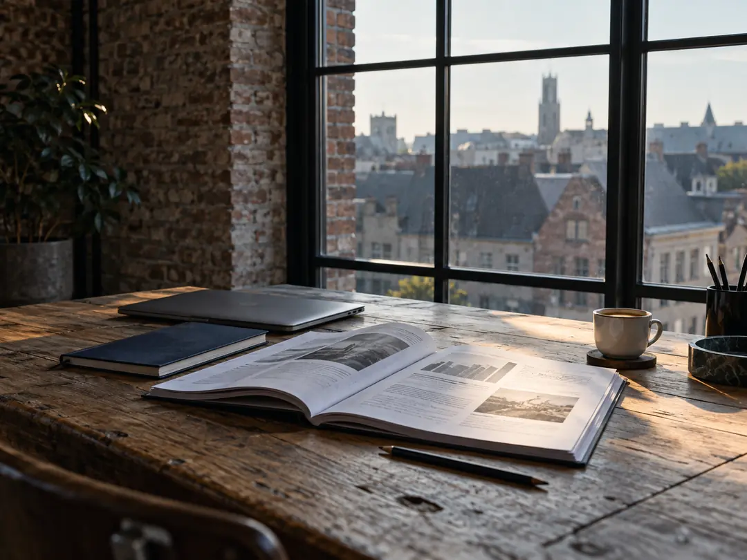 Desk by a window with a reviewed report and a notebook
