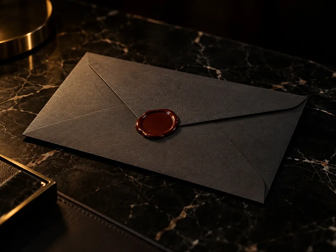 Gesloten envelop met een zegel in donkere was op zwart marmer