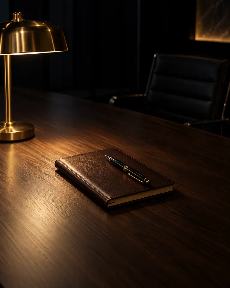 Leren notitieboek en vulpen op een donkere vergadertafel, in het licht van één lamp