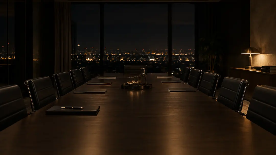 Lege vergaderzaal bij nacht, met uitzicht op de lichten van de stad