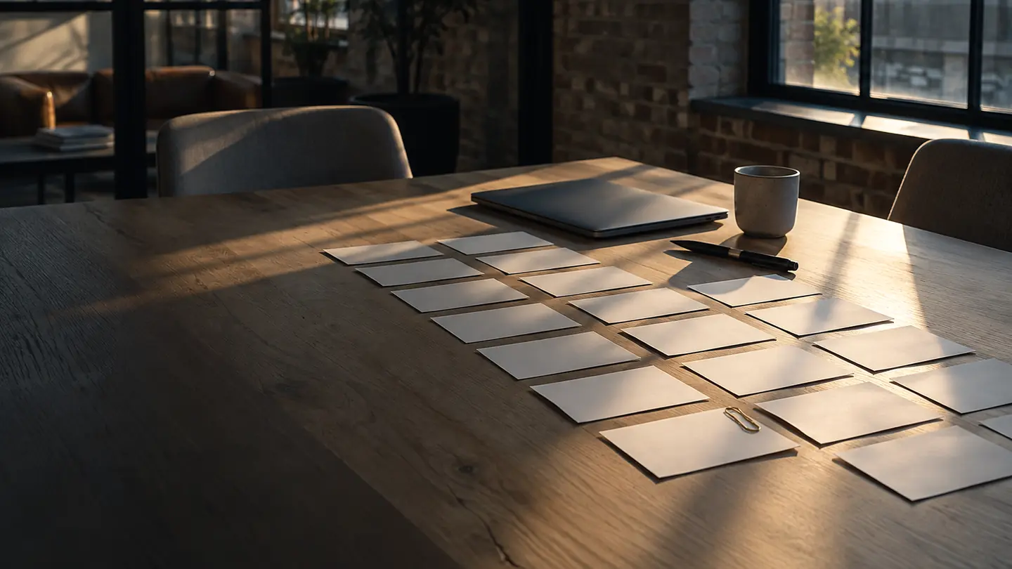 Meeting table with index cards in five columns, one of them pushed forward