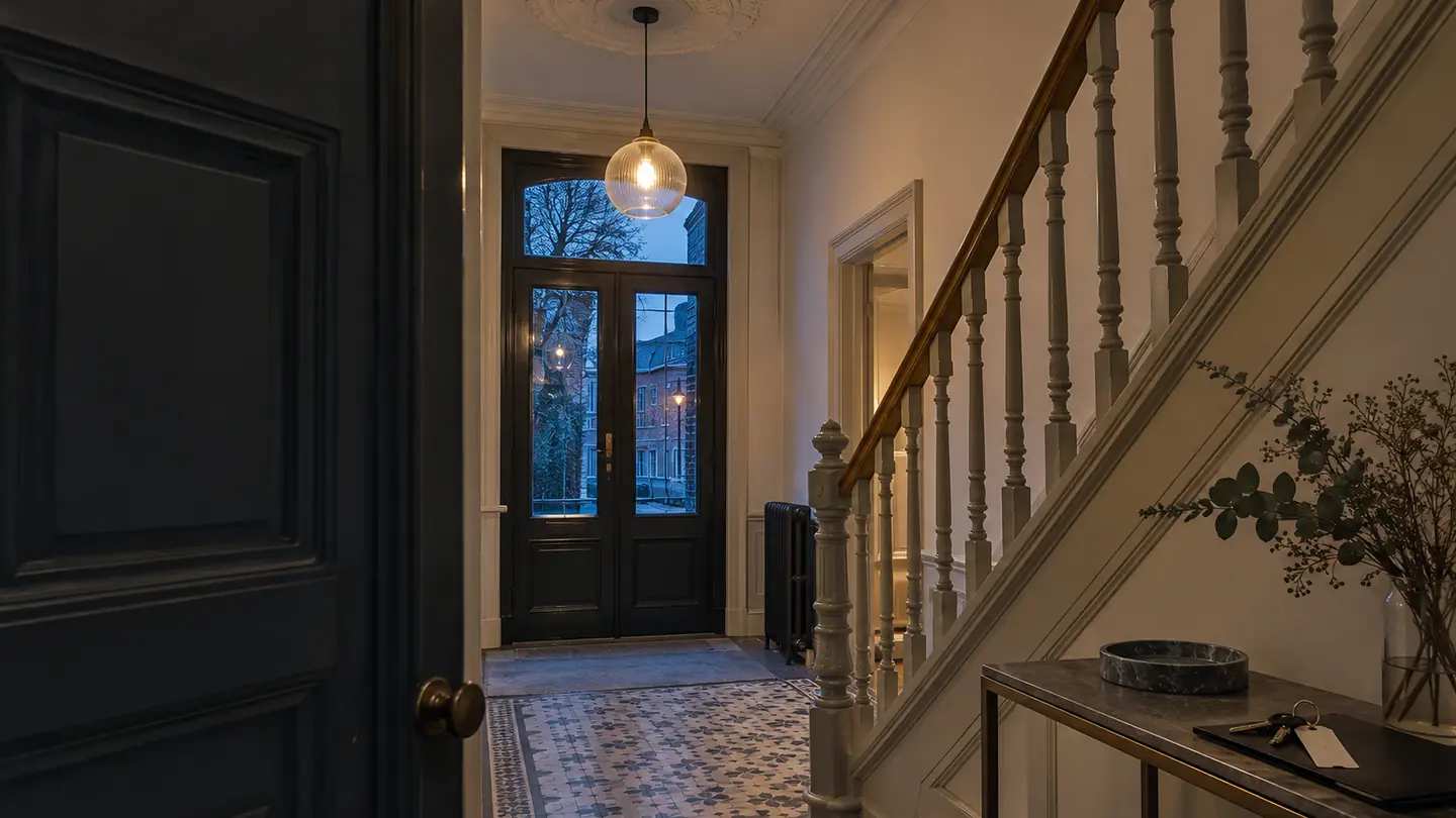 Inkomhal van een herenhuis met cementtegels en een trap, ’s avonds na een bezichtiging