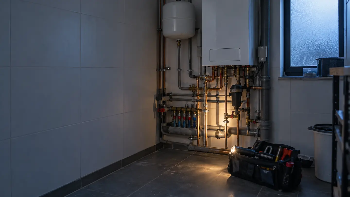 Technische ruimte met een condensatieketel en leidingen, op een koude ochtend